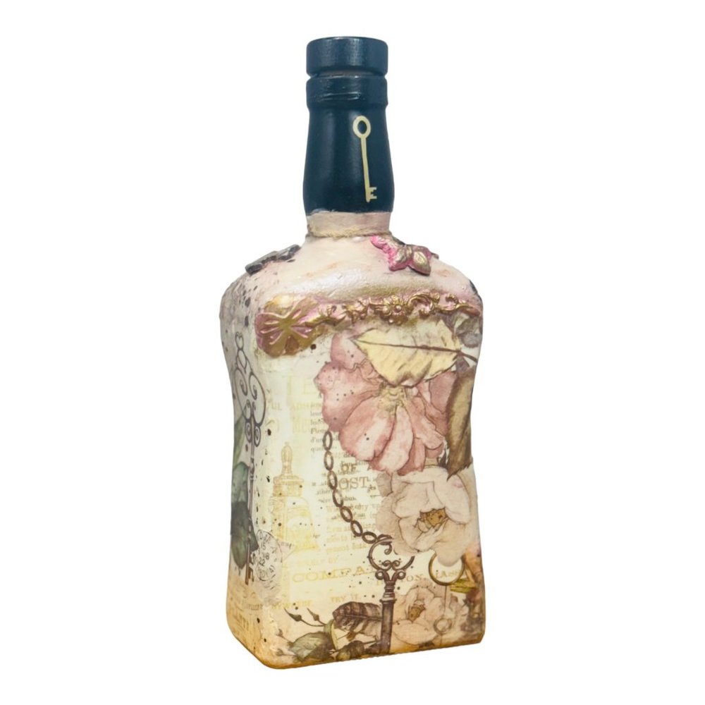 Up cycled Decanter Bottle Mixed Media Peep Keyhole Clay Hand Painted Butterfly - Picture 8 of 16